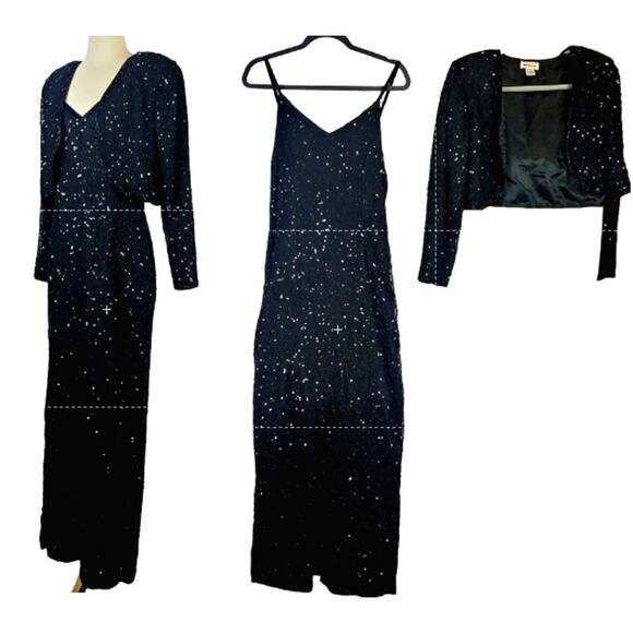 Vintage Formal Silk Black Sequin Beaded Dress Glam Event Gown Bolero Jacket Sz M - Picture 1 of 16